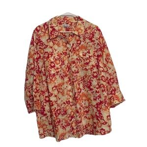 Kim Rodgers Women Sz 1X Floral Linen Button Down Pink & Orange Blouse 3/4 Sleeve